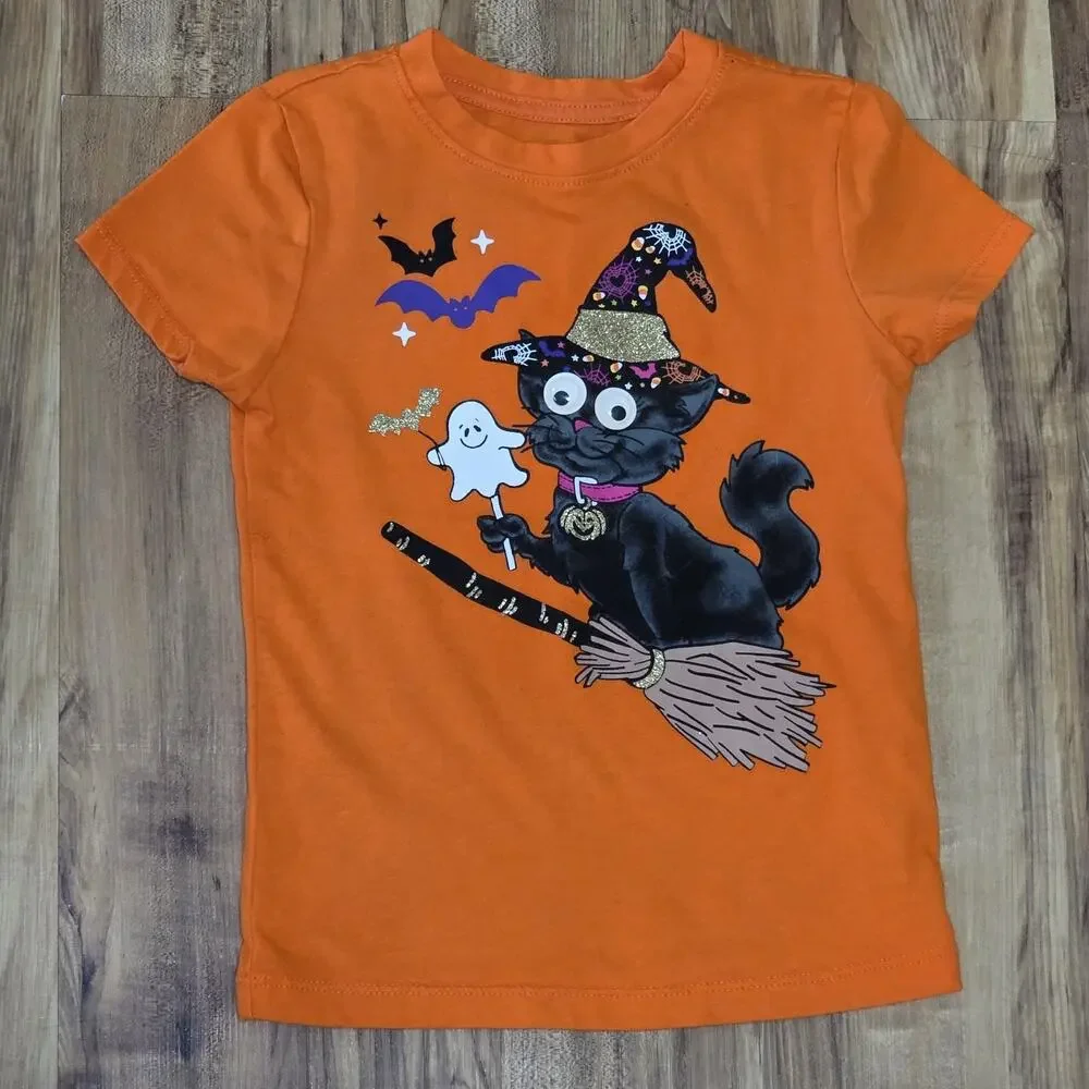 Way to Celebrate Halloween Girls Orange Black Cat Witch T-Shirt Size XS 4-5
